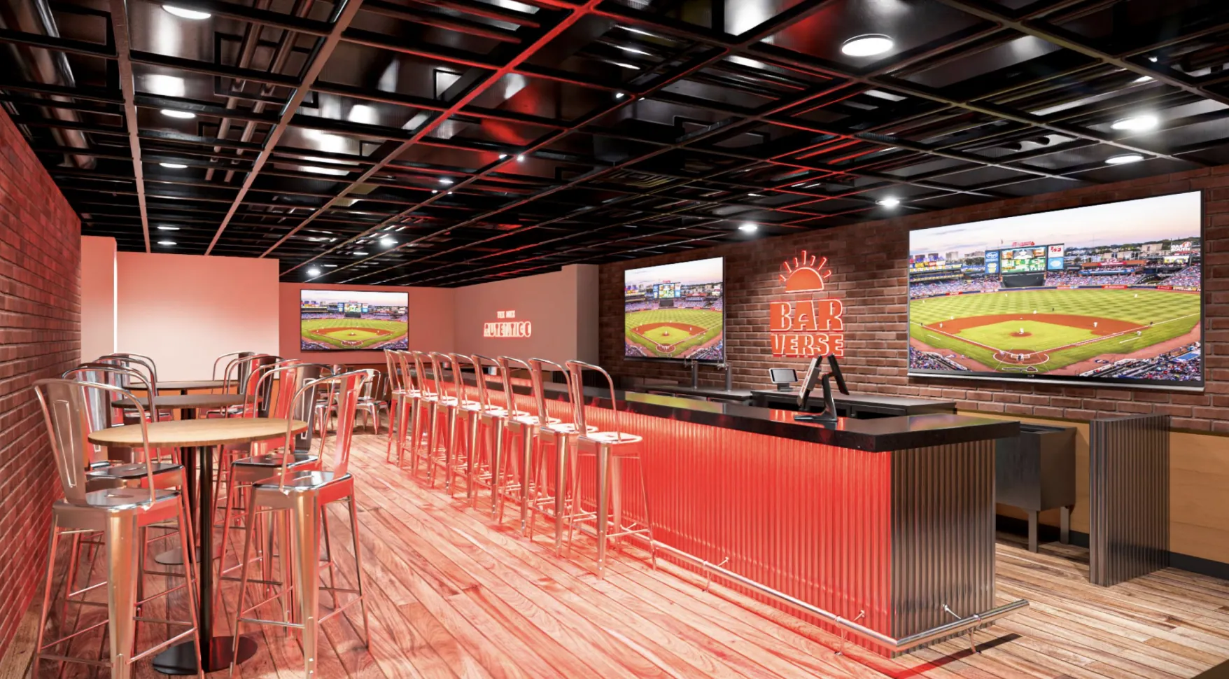 Architectural rendering of the Barverse bar — red backlit bar counter with chrome stools, wood floor, glowing Barverse neon sign and big-screen TVs showing baseball